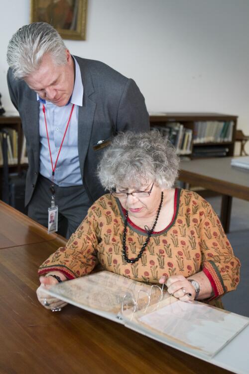 Miriam Margolyes, actor, with Nat Williams in the old Pictures Reading Room, National Library of Australia, 21 February 2012 [picture] / Sam Cooper