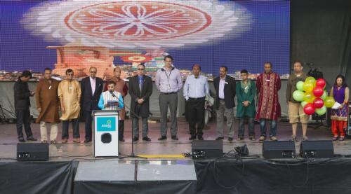 Executive members of the Bangabandhu Council Australia and officials from the Sydney Olympic Park Authority on stage at the opening of Boishakhi Mela, Bengali New Year festival, Sydney Olympic Park, Sydney, 20 April 2013 / Lannon Harley