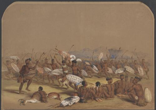 Mathlabi's hunting dance, Engooi Mountains, Zulu country, Septr., 1843 [picture] / G.F. Angas