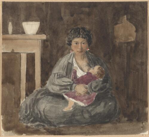 [Maori woman suckling child seated on floor by a table] [picture] / by Oliver