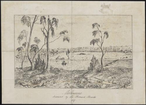 Melbourne from the falls, June 30, 1837 [picture] : Melbourne, founded by Sir Richard Bourke, 1837 / [Robert Russell]