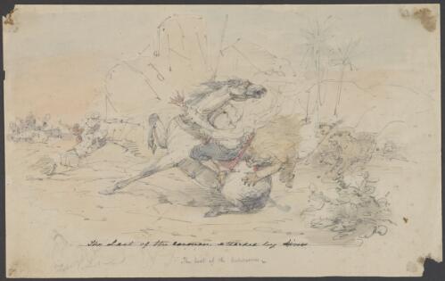 The last of the caravan attacked by lions [picture] / [William Strutt]