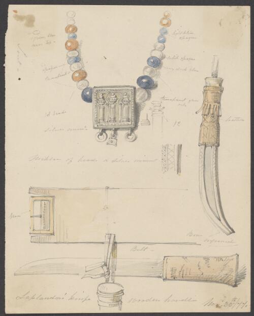 Necklace of beads & silver ornament [and] Laplander's knife, wooden handle [picture] / William Strutt