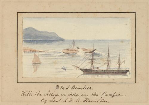 H.M.S. Reindeer with the Arica on shore in the Pacific [picture] / by Lieut. A.M.R. Hamilton