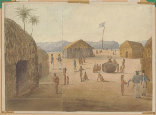 [Huts with Europeans and natives] [picture] / [Thomas Henry Huxley]