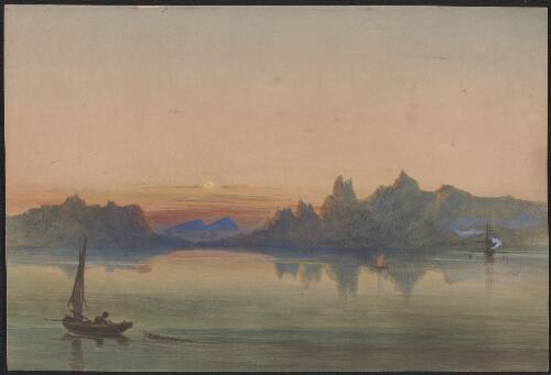 [An island in the Pacific Ocean with H.M.S. Maeander in the distance] [picture] / [Oswald W.B. Brierly]