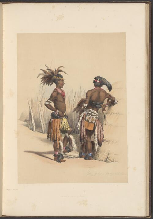 Umbambu and Umpingulu, young Zulus in their dancing costume [picture] / from nature and on stone by George French Angas