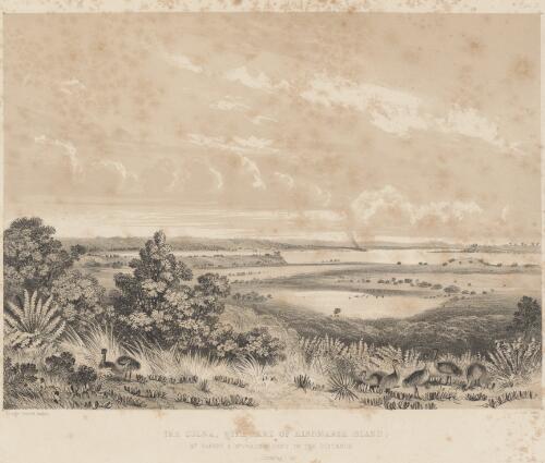 The Golwa [i.e. Goolwa] with part of Hindmarsh Island, Mt. Barker and Mt. Magnificent in the distance, evening [picture] / George French Angas; J.W. Giles
