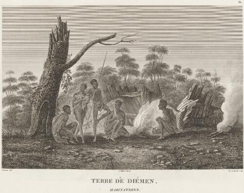 Terre de Diemen, habitations [picture] / Lesueur del.; Nee et Houlk sculp.; J. Milbert direx