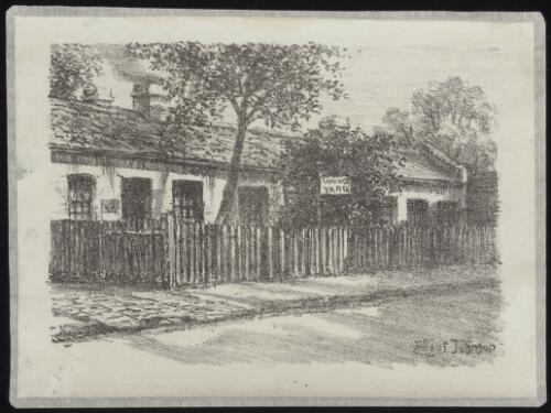 Melbourne terrace houses with a wood yard sign at the front, ca. 1905 [picture] / Elliot Johnson