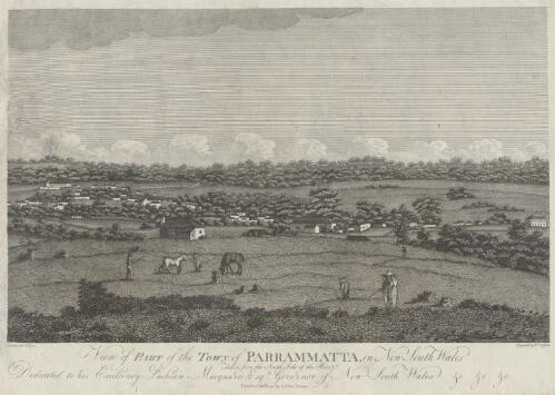 View of part of the town of Parramatta in New South Wales taken from the south side of the river [picture] / drawn by J. Eyre; engraved by W. Presston