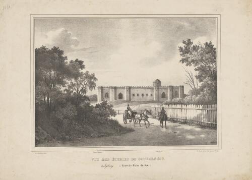 Vue des ecuries du Gouverneur a Sydney, Nouvelle Galles du Sud [picture] / de Sainson pinxt.; H. Vander Burch lith. ;fig. par V. Adam