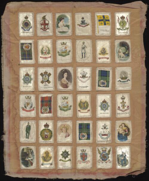 [Wall hanging of cigarette-card images printed on silk, sewn to a piece of silk fabric] [picture]