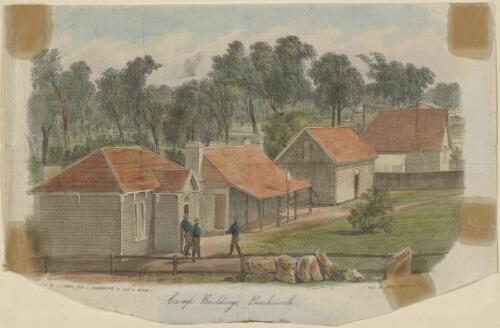 Camp buildings, Beechworth [picture] / by A.J. Stopps from a daguerreotype by Acley & Rochletz