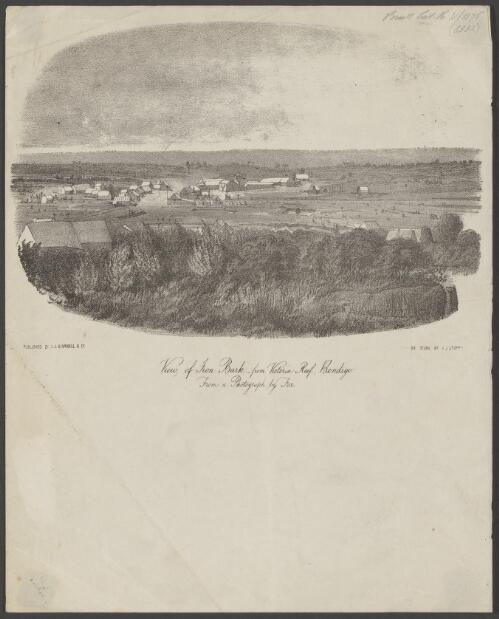 View of Iron Bark from Victoria Reef, Bendigo, from a photograph by Fox [picture] / on stone by A.J. Stopps