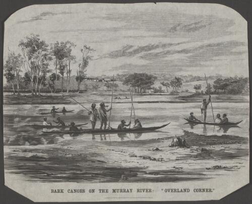 Bark canoes on the Murray River, Overland Corner [picture] / S.C