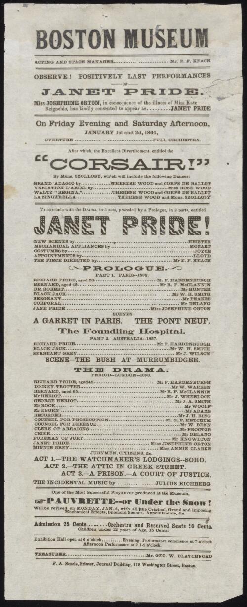 [Playbill for Janet Pride by Dion Boucicault, Boston, 1864] [picture]