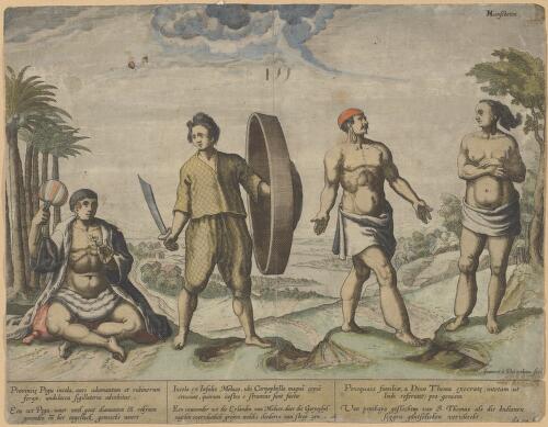 [Natives of Pegu Moluccas and St Thomas] [picture] / N.[?] Linschoten; Joannes a Deotechum fecit
