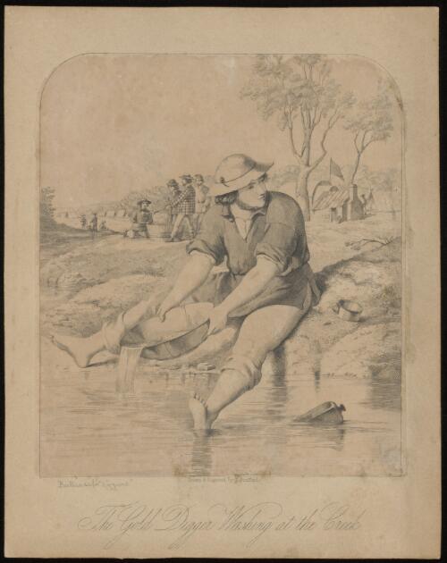 The gold digger washing at the creek [picture] / drawn & engraved by G. Strafford