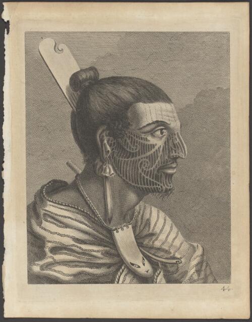 [The head of a New Zealander with a comb in his hair, an ornament of green stone in his ear, and another of a fish's tooth round his neck [picture]