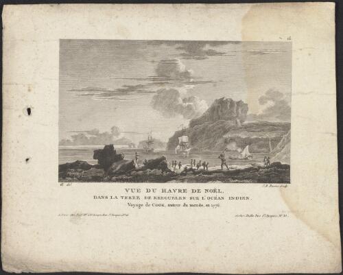 Vue du Havre de Noel dans la Terre de Kerguelen sur l'Ocean Indien, voyage de Cook autour du monde on 1776 [picture] / Q del.; J.B. Racine sculp