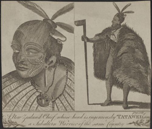 A New Zealand chief whose head is ingeniously tatawed and a subaltern warrior of the same country [picture] / Page sculp