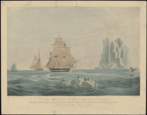This plate representing the brig Jane and the cutter Beaufoy on 20th February 1823 bearing up in 74° 15' [picture] / painted by W.J Huggins; engraved by E. Duncan