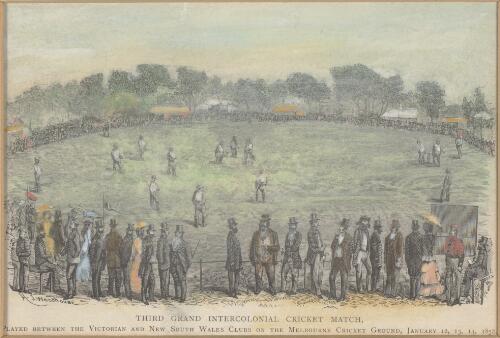Third grand intercolonial cricket match played between the Victorian and New South Wales clubs on the Melbourne Cricket Ground, January 12, 13, 14, 1858 [picture] / H.J. Woodhouse