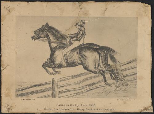 Racing at the last fence, 1865, A.L. Gordon on Cadger, Harry Stockdale on Zetland [picture] / Harry Stockdale