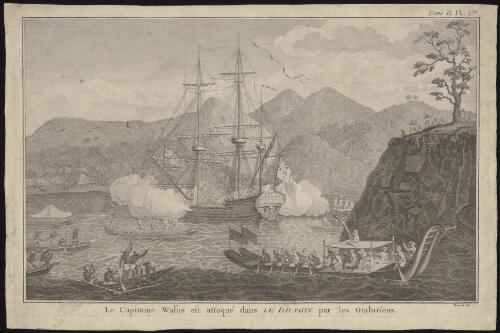 Le capitaine Wallis est attaque dans le Dauphin par les Otahitiens [picture] / Benard direx