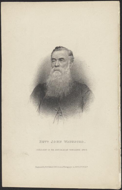 Revd. John Watsford, president of the Australasian Conference 1878-81 [picture] / engraved by H.C. Balding from a photograph by Appleton & Co
