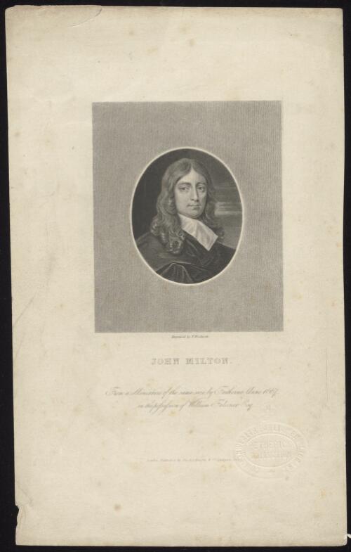 John Milton, from a miniature of the same size by Faithorne, anno 1667 [picture] / engraved by T. Woolnoth