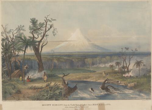 Mount Egmont from the north shore of Cook's Straight, New Zealand - natives burning off wood for potato grounds [picture] / lithographed by T. Allom from a drawing by Chas. Heaphy