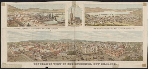 Panoramic view of Christchurch, New Zealand ; Shipping & wharves at Lyttelton, the port of Christchurch ; Christchurch Cathedral ; Panorama of Lyttelton, port of Christchurch, N.Z. [pictue] / lithographed at the New Zealand Graphic and Star Printing Works
