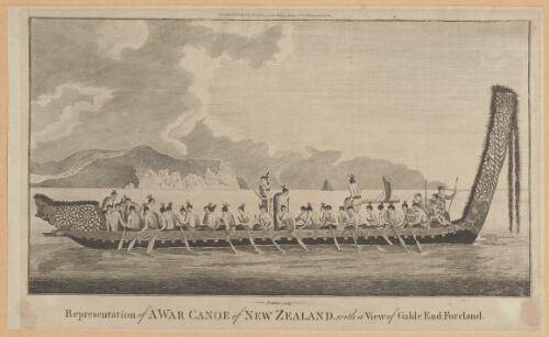 Representation of a war canoe of New Zealand with a view of Gable End Foreland [picture] / Prattent sculp