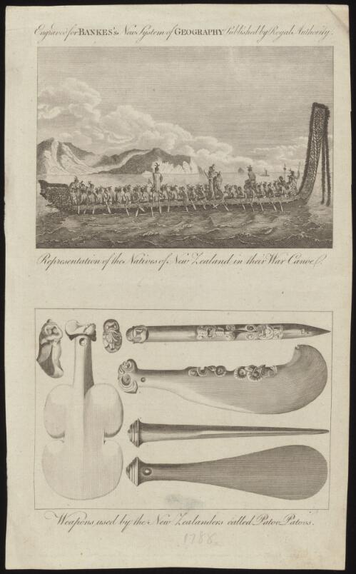 Representation of the natives of New Zealand in their war canoe; Weapons used by the New Zealanders called patoo patoos [picture] / engraved for Bankes's New system of geography