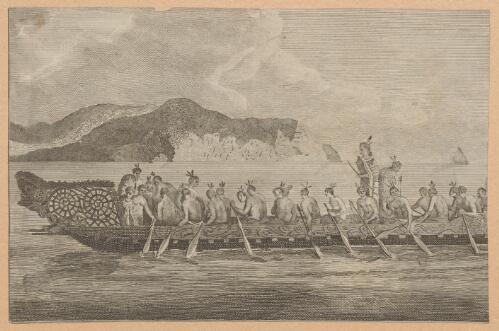 [A war canoe of New Zealand with a view of Gable End Foreland] [picture]