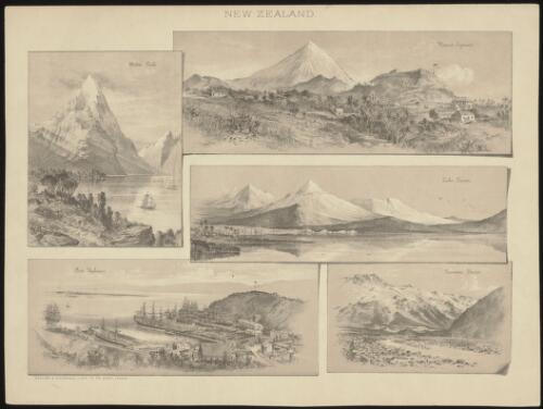 Mitre Peak ; Mount Egmont ; Lake Taupo ; Port Chalmers ; Tasman Glacier [picture] / Maclure & Macdonald lithrs. to the Queen