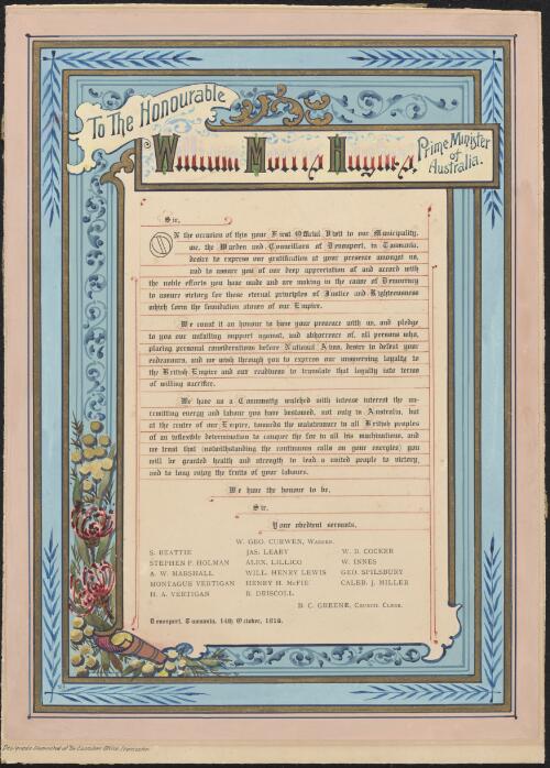 [Illuminated address presented to W. M. Hughes by the warden and councillors of Devonport] [picture] / designed & illuminated at the Examiner Office