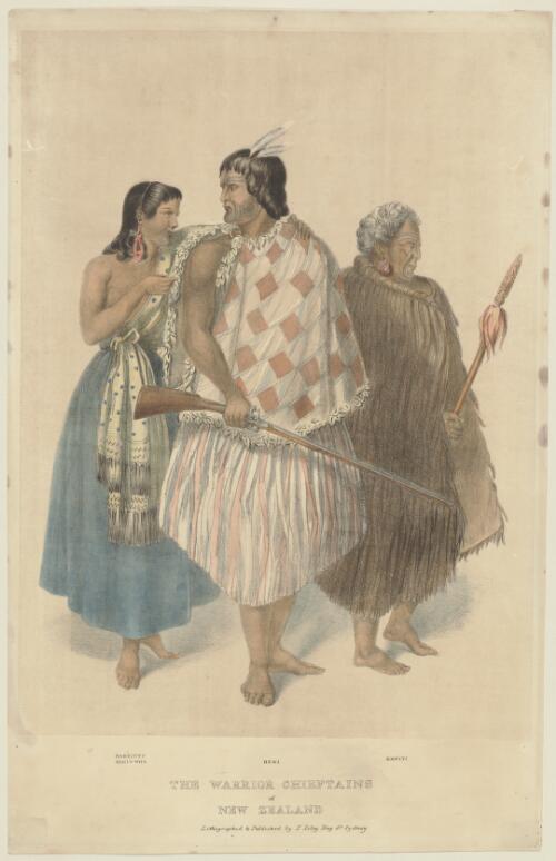 The warrior chieftains of New Zealand [picture] / [Joseph Jenner Merrett]; lithographed & published by T. Liley