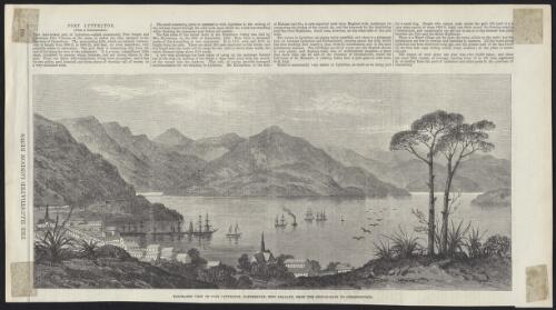 Panoramic view of Port Lyttelton, Canterbury, New Zealand, from the bridle-path to Christchurch [picture] / M. Jackson sc