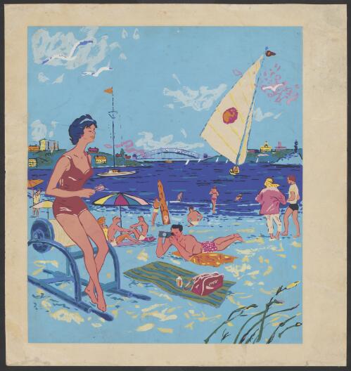 [A Sydney Harbour beach scene with Qantas travel bag] [picture]