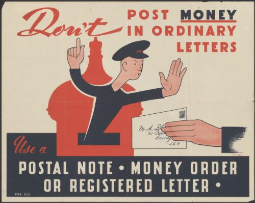 Don't post money in ordinary letters [picture] : use a postal note, money order or registered letter / P.I. Cox