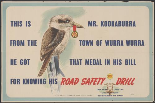 This is Mr. Kookaburra from the town of Wurra Wurra he got that medal in his bill for knowing his road safety drill [picture]