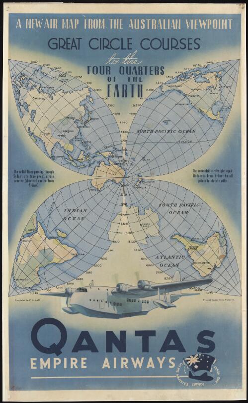 A new air map from the Australian viewpoint [picture] : great circle courses to the four quarters of the earth : Qantas Empire Airways / Rhys Williams ; map plotted by W.H. Maze