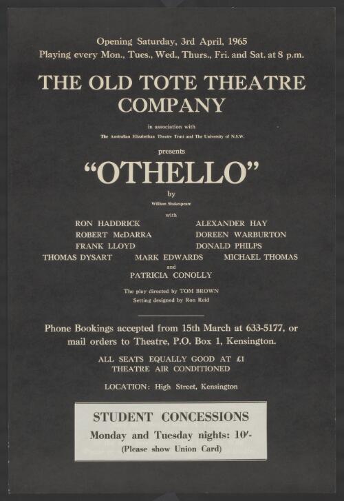The Old Tote Theatre Company in association with the Australian Elizabethan Theatre trust and the University of N.S.W. presents Othello [picture] / by William Shakespeare