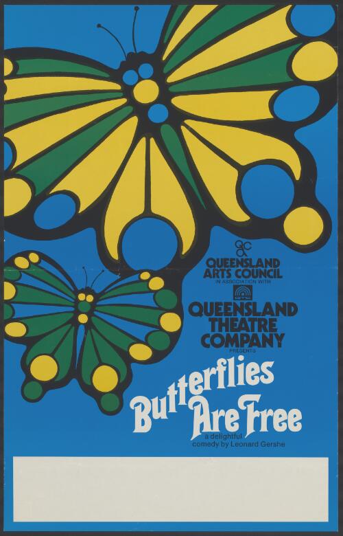 Queensland Arts Council in association with Queensland Theatre Company presents Butterflies are free [picture] : a delightful comedy / by Leonard Gershe