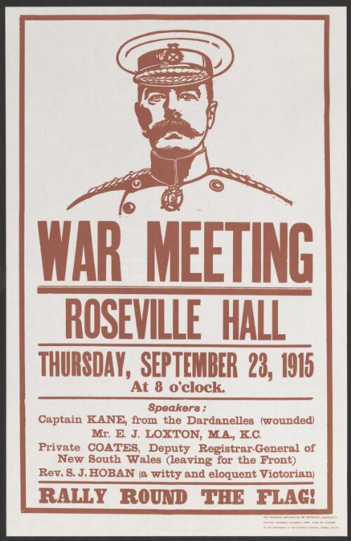 War meeting [picture] : Roseville Hall, Thursday, September 23, 1915 at 8 o'clock