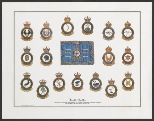 Heraldic tradition [picture] : a selection of RAAF Squadron badges surround no. 1 Squadron standard which contains battle-honours from Australian Flying corps days of the 1914-18 war
