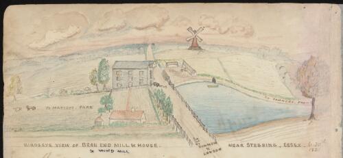 Birdseye view of Bran End Mill and house, near Stebbing, Essex, England, 30 June 1831 / R.W. Jesper